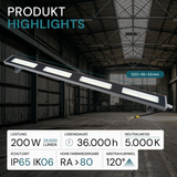 2er Pack LED-Hallenleuchte, linear, 200 W, 25000 lm, 5000 K (neutralweiß), IP65, grau