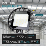 LED-HighBay, UFO, Hallenstrahler, 200 W, 20100 lm, 5000 K (neutralweiß), IP65, Schlagfest