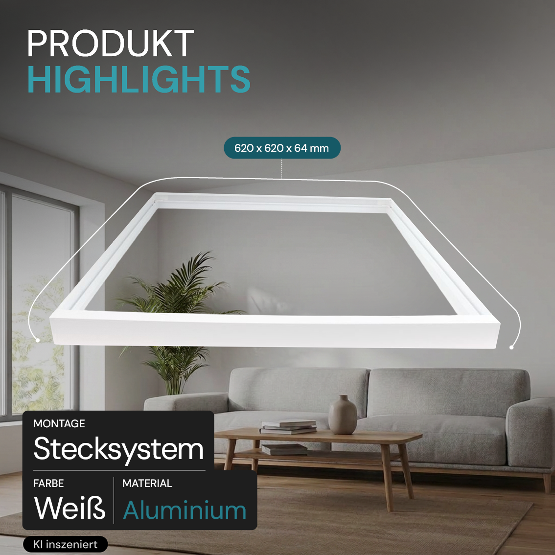 Aufbaurahmen für Backlit LED-Panel 62x62 cm, steckbar, weiß