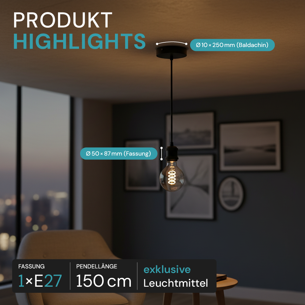 Lampenfassung E27, Metall, schwarz, 1.5 m Textilkabel schwarz, exkl. Leuchtmittel