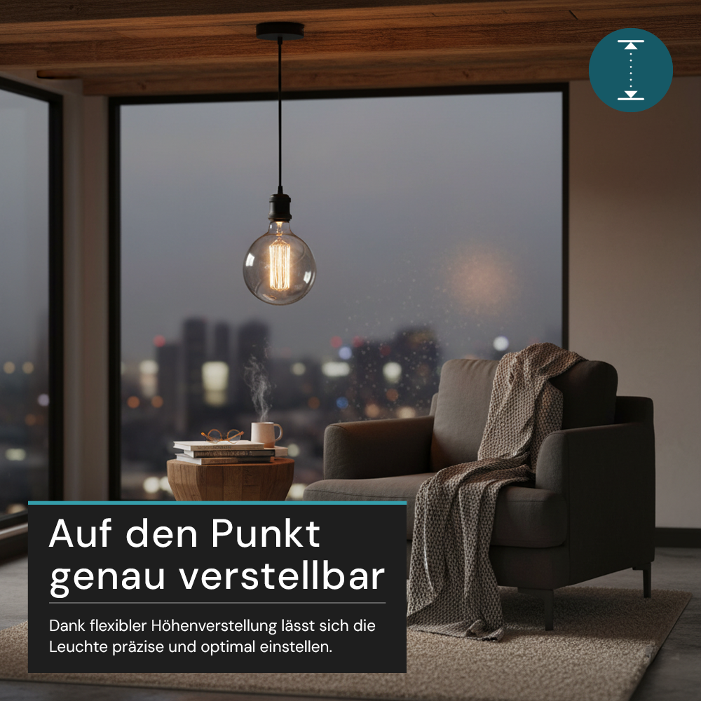 Lampenfassung E27, Metall, schwarz, 1.5 m Textilkabel schwarz, exkl. Leuchtmittel