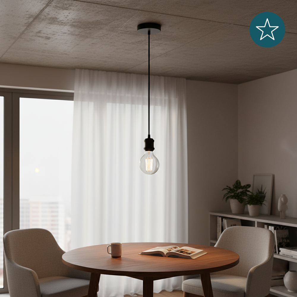 Lampenfassung E27, Metall, schwarz, 1.5 m Textilkabel schwarz, exkl. Leuchtmittel