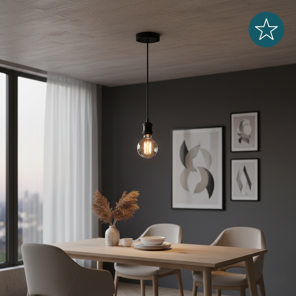 Lampenfassung E27, Metall, schwarz, 1.5 m Textilkabel schwarz, exkl. Leuchtmittel