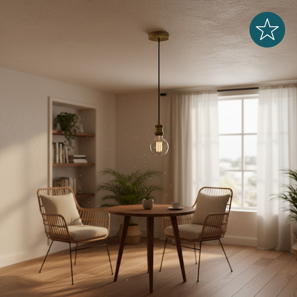 Lampenfassung  E27, Metall, Messing antik, 1.5 m Textilkabel gold, exkl. Leuchtmittel