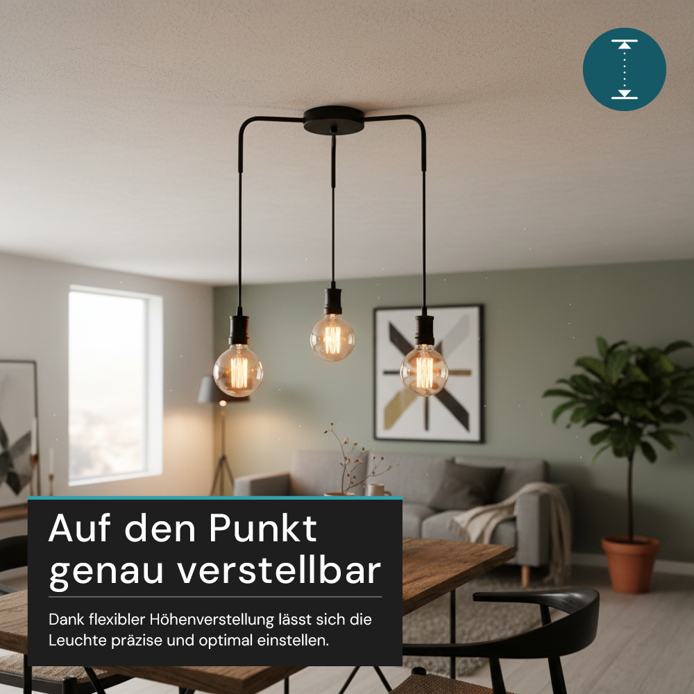 Hängeleuchte 3-Fach, E27, INDUSTRIAL, Metall, schwarz, Textilkabel schwarz, exkl. Leuchtmittel