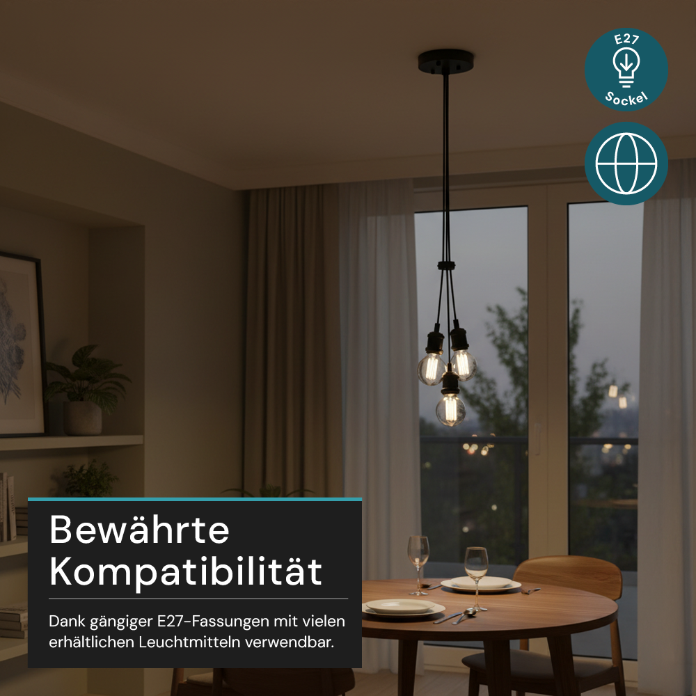 Hängeleuchte 3-Fach, E27, AVOCADO, Metall, schwarz, Textilkabel schwarz, exkl. Leuchtmittel