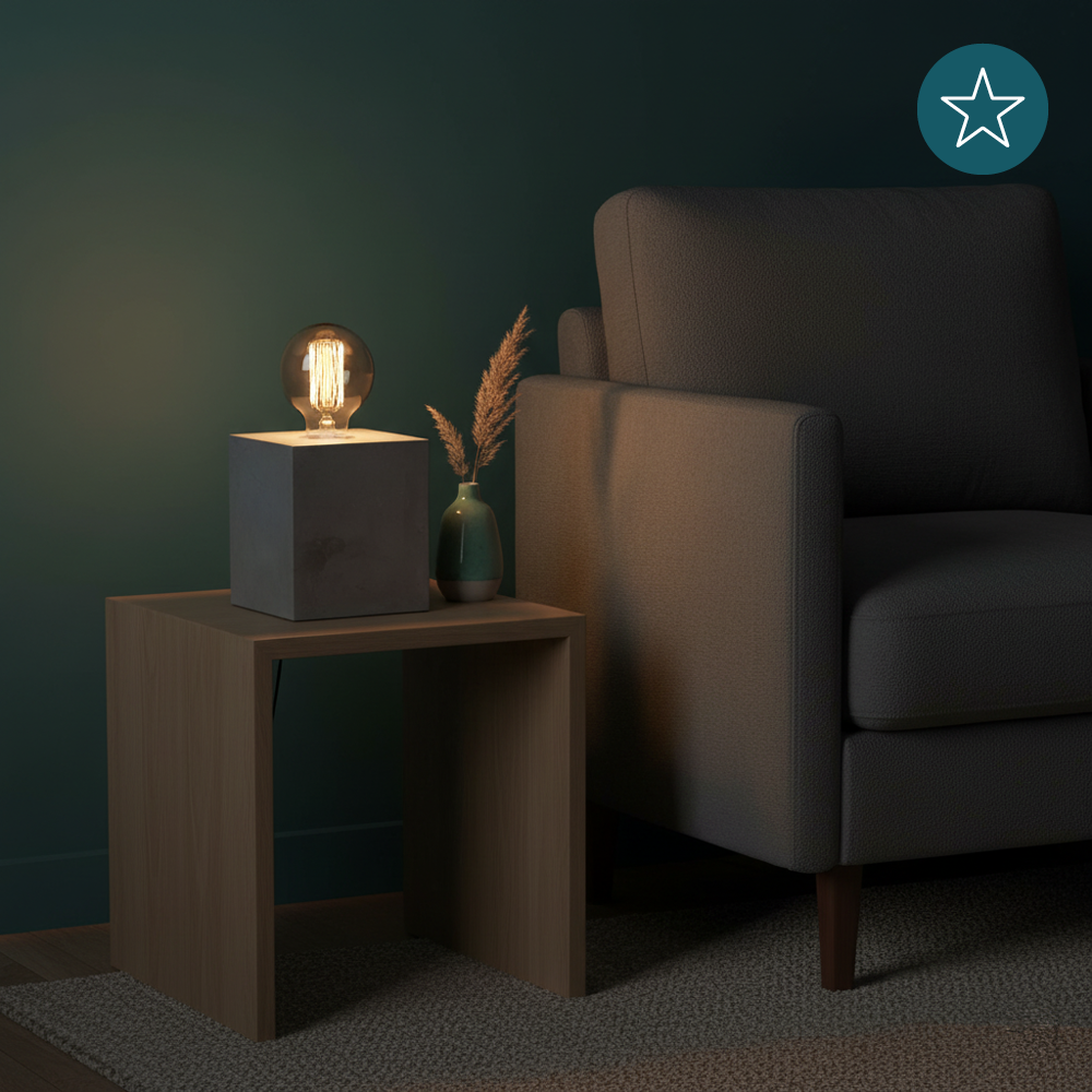 Tischleuchte E27, CUBE, Metall zementoptik, Textilkabel mit Schalter, exkl. Leuchtmittel