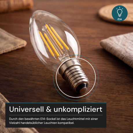 LED Filament Leuchtmittel, Kerze, C35, E14, 4W, 470 lm, 2700K, dimmbar