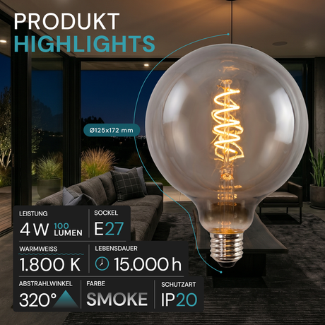 LED Filament Leuchtmittel, BULB, G125, E27, 4 W, 100 lm, 1800 K, dimmbar.