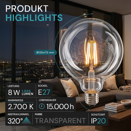 LED Filament Leuchtmittel, BULB, G125, E27, 8 W, 1055 lm, 2700 K, dimmbar