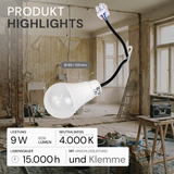 LED Renovierungslampe, 9W, 806lm, 4000K, mit Kabel und Klemme