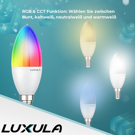 LED RGB+CCT Leuchtmittel, E14, Kerze B37, 5W, 464lm, SMART, Tuya App steuerbar, Kerze.