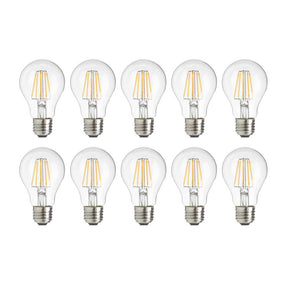 10er Pack LED Filament Leuchtmittel E27, A60, 7W, 700lm, 2700K, transparentes Glas.