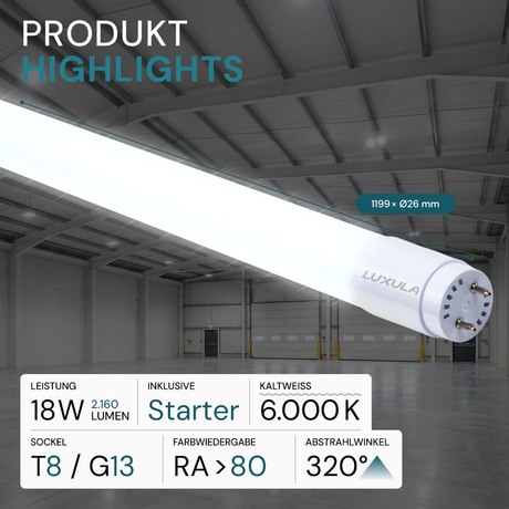 LED T8 Röhre, 120 cm, 120 lm/W, 18 W, 2160 lm, 6000 K (kaltweiß), mit Brücke
