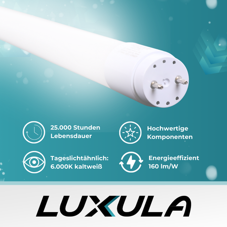 LED T8 Röhre, 120 cm, 160 lm/W, 18 W, 2860 lm, 6000 K (kaltweiß), mit Brücke, hohe Energieeffizienz