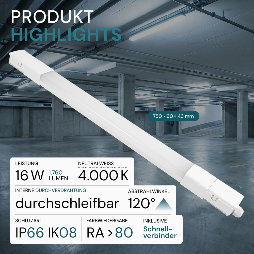 10er Pack LED Feuchtraumleuchte, 75 cm, 16 W, 1760 lm, 4000 K (neutralweiß), IP66, durchschleifbar, Fast Connector