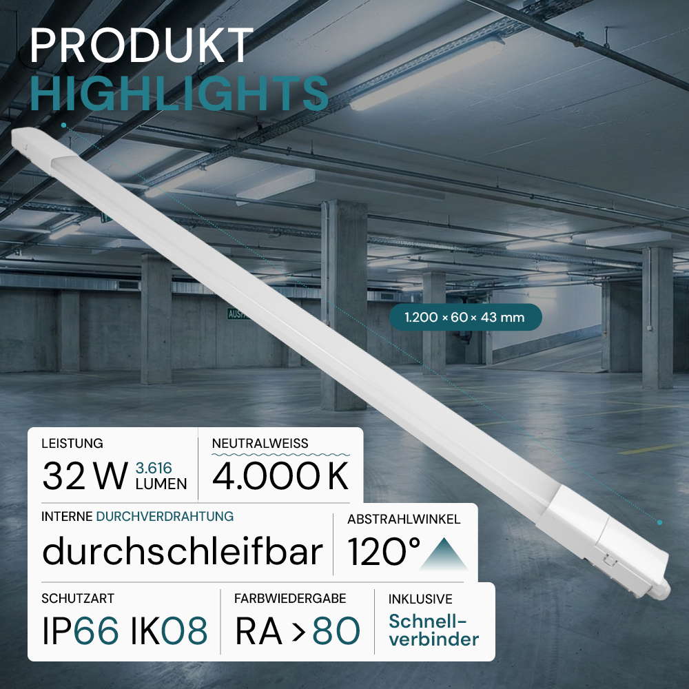 18er Pack LED Feuchtraumleuchte, 120 cm, 32 W, 3616 lm, 4000 K (neutralweiß), IP66, durchschleifbar, Fast Connector