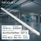 2er Pack LED Feuchtraumleuchte, 120 cm, 32 W, 3616 lm, 4000 K (neutralweiß), IP66, durchschleifbar, Fast Connector