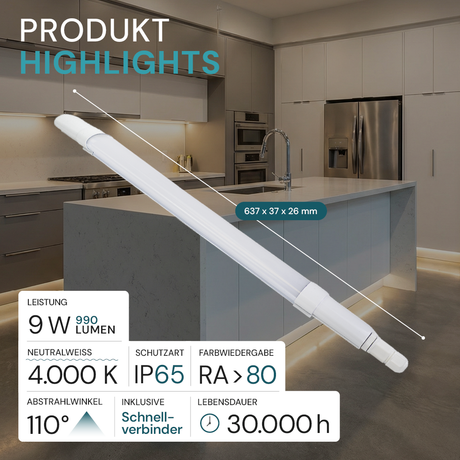 LED Feuchtraumleuchte, 60 cm, 9 W, 990 lm, 4000 K (neutralweiß), IP65, Fast Connector