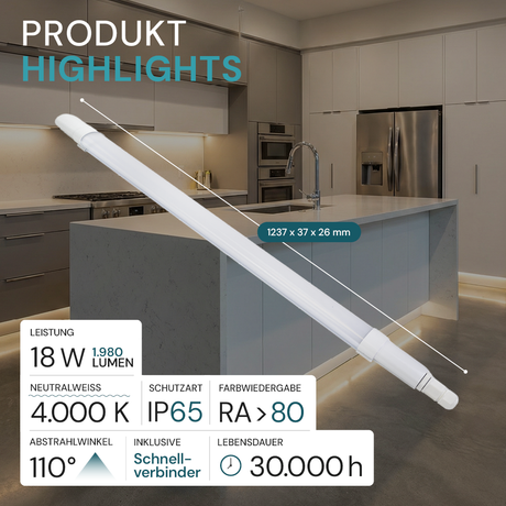 LED Feuchtraumleuchte, 120 cm, 18 W, 1980 lm, 4000 K (neutralweiß), IP65, Fast Connector