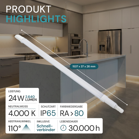 LED Feuchtraumleuchte, 150 cm, 24 W, 2640 lm, 4000 K (neutralweiß), IP65, Fast Connector