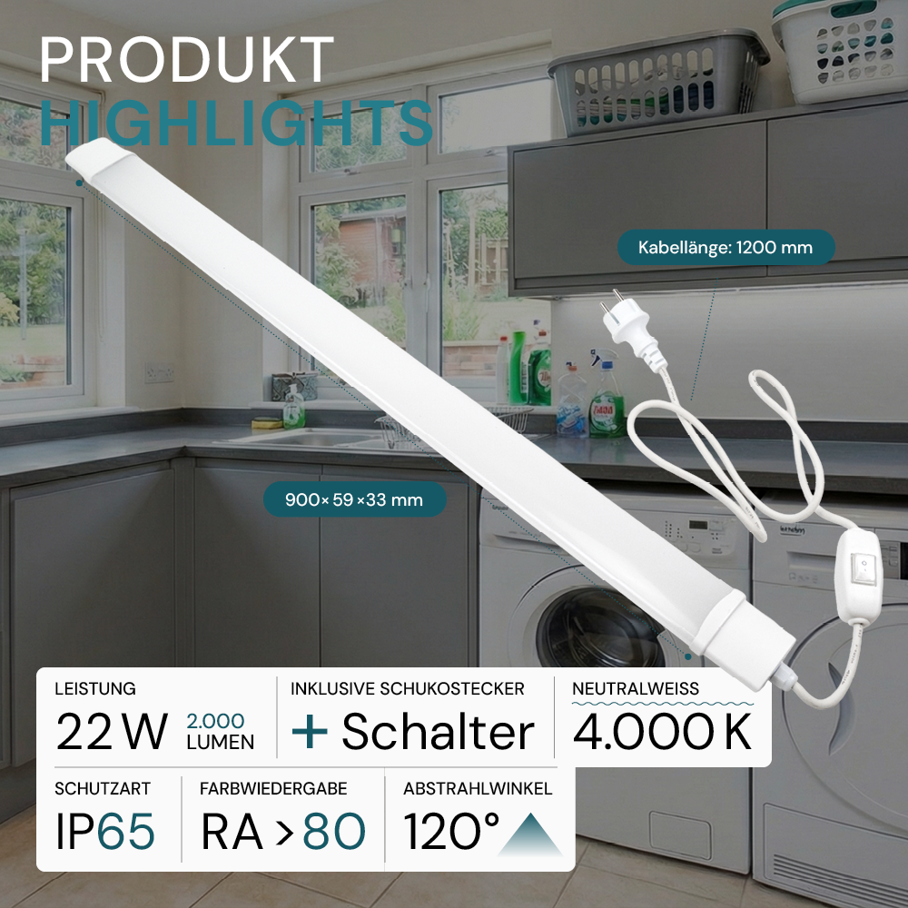 LED Feuchtraumleuchte, 22 W, 2000lm, 4000K, 900 mm, IP65, mit Schalter und IP44 Stecker