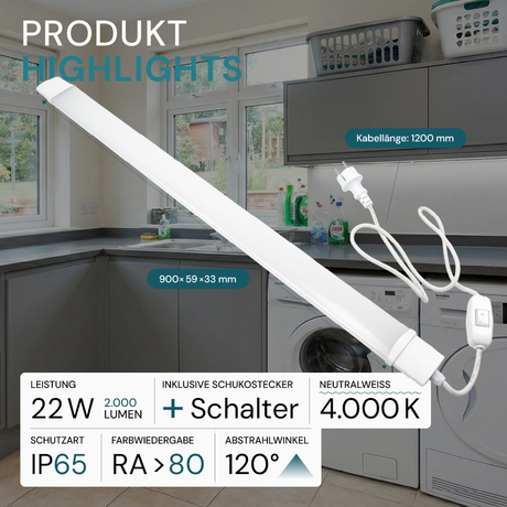 LED Feuchtraumleuchte, 22 W, 2000lm, 4000K, 900 mm, IP65, mit Schalter und IP44 Stecker