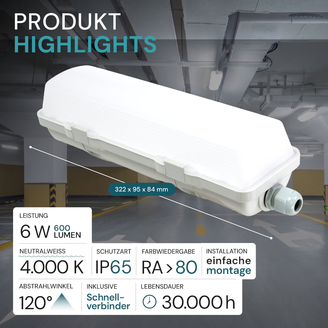 LED Feuchtraumleuchte, 32 cm, 6 W, 600 lm, 4000 K (neutralweiß), IP65, mit Quick Connector