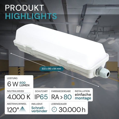 LED Feuchtraumleuchte, 32 cm, 6 W, 600 lm, 4000 K (neutralweiß), IP65, mit Quick Connector