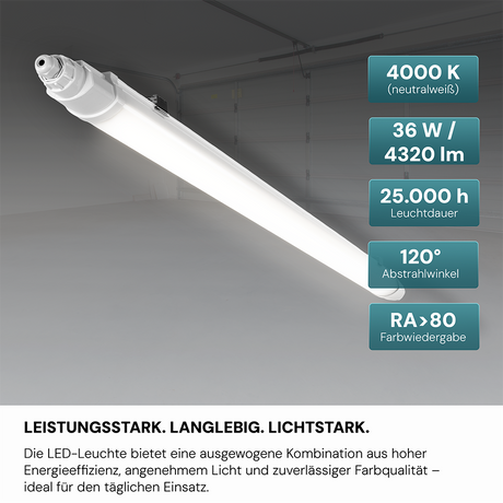 16er-Pack LED Feuchtraumleuchte SLIM, 120 cm, 36 W, 4320 lm, 4000 K (neutralweiß), IP65, IK06, durchschleifbar, mit Quick Connector