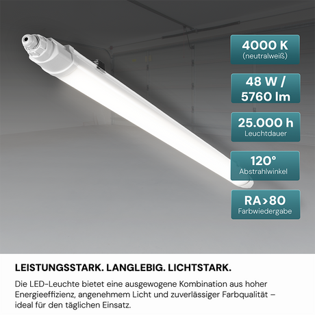 2er-Pack LED Feuchtraumleuchte SLIM, 150 cm, 48 W, 5760 lm, 4000 K (neutralweiß), IP65, IK06, durchschleifbar, mit Quick Connector