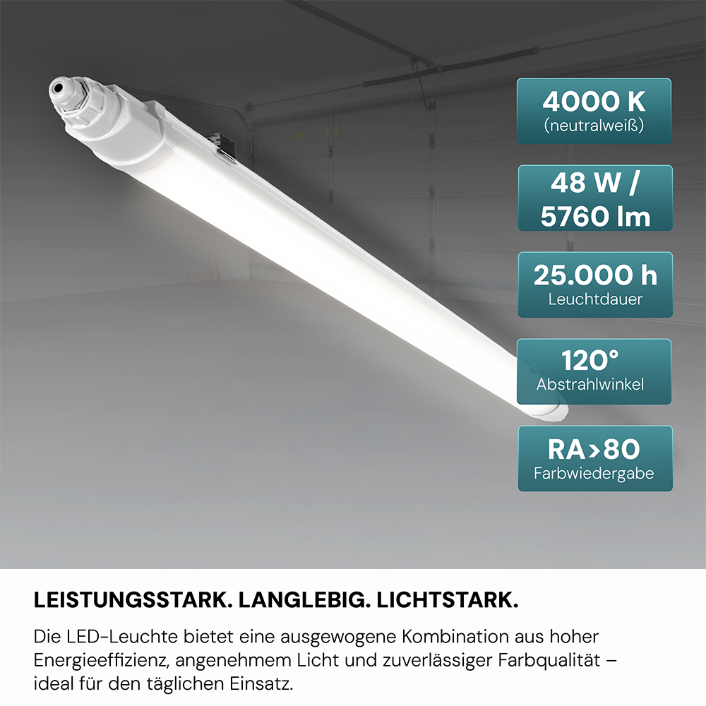 16er-Pack LED Feuchtraumleuchte SLIM, 150 cm, 48 W, 5760 lm, 4000 K (neutralweiß), IP65, IK06, durchschleifbar, mit Quick Connector