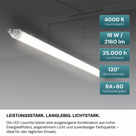 LED Feuchtraumleuchte, 60 cm, 18 W, 2160 lm, 4000 K (neutralweiß), IP65, IK06, durchschleifbar, mit Quick Connector