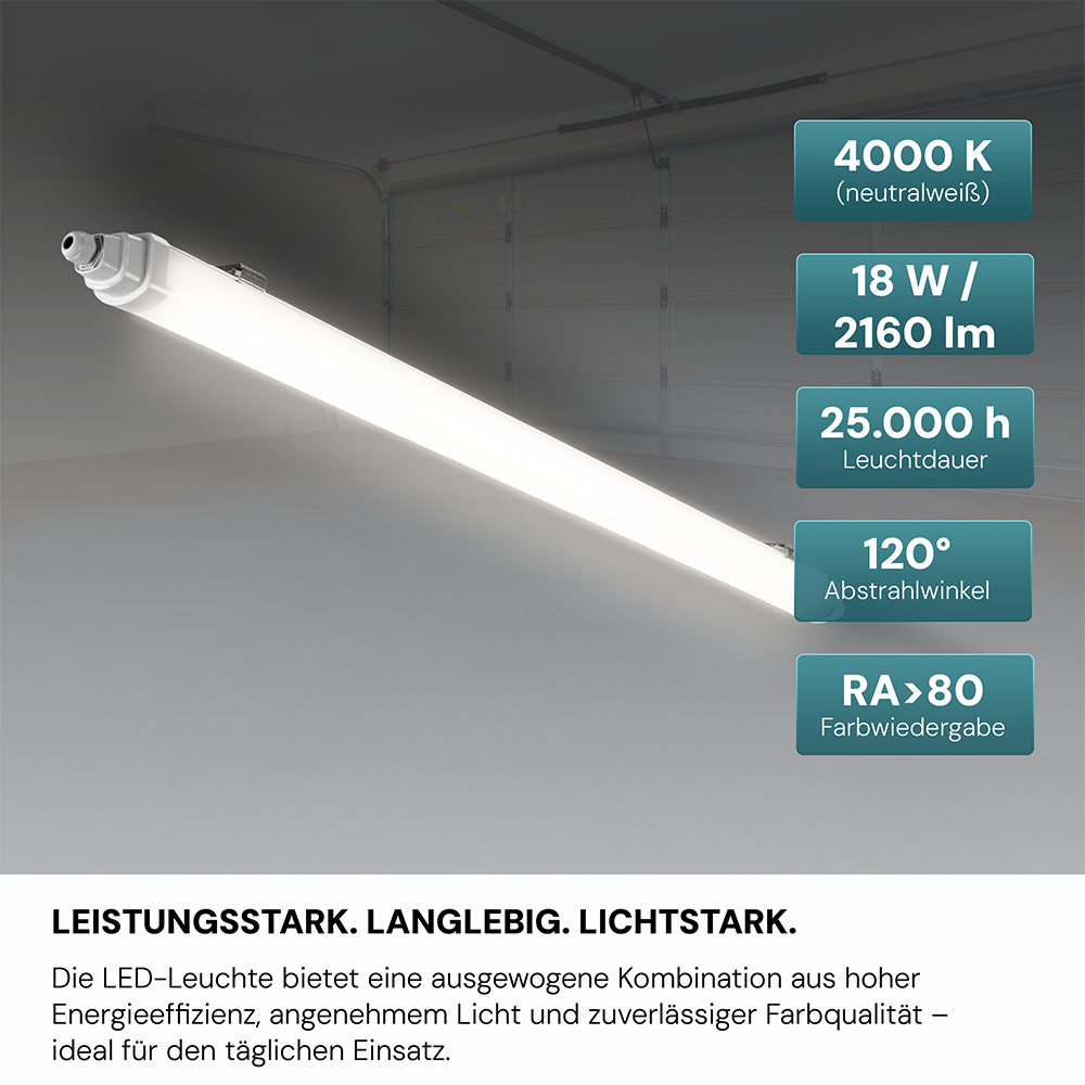 12er-Pack LED Feuchtraumleuchte, 60 cm, 18 W, 2160 lm, 4000 K (neutralweiß), IP65, IK06, durchschleifbar, mit Quick Connector