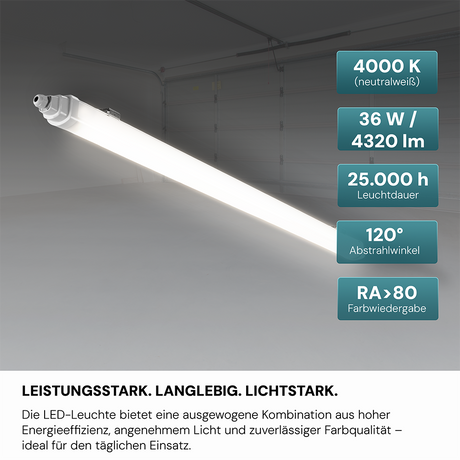 LED Feuchtraumleuchte, 120 cm, 36 W, 4320 lm, 4000 K (neutralweiß), IP65, IK06, durchschleifbar, mit Quick Connector