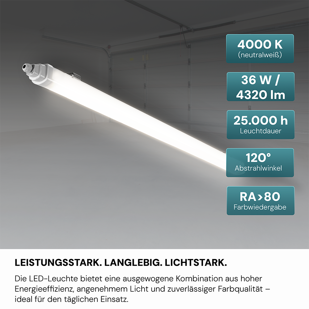 12er-Pack LED Feuchtraumleuchte, 120 cm, 36 W, 4320 lm, 4000 K (neutralweiß), IP65, IK06, durchschleifbar, mit Quick Connector