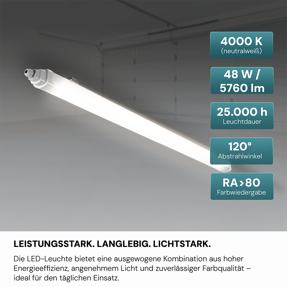 LED Feuchtraumleuchte, 150 cm, 48 W, 5760 lm, 4000 K (neutralweiß), IP65, IK06, durchschleifbar, mit Quick Connector