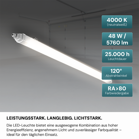 6er-Pack LED Feuchtraumleuchte, 150 cm, 48 W, 5760 lm, 4000 K (neutralweiß), IP65, IK06, durchschleifbar, mit Quick Connector