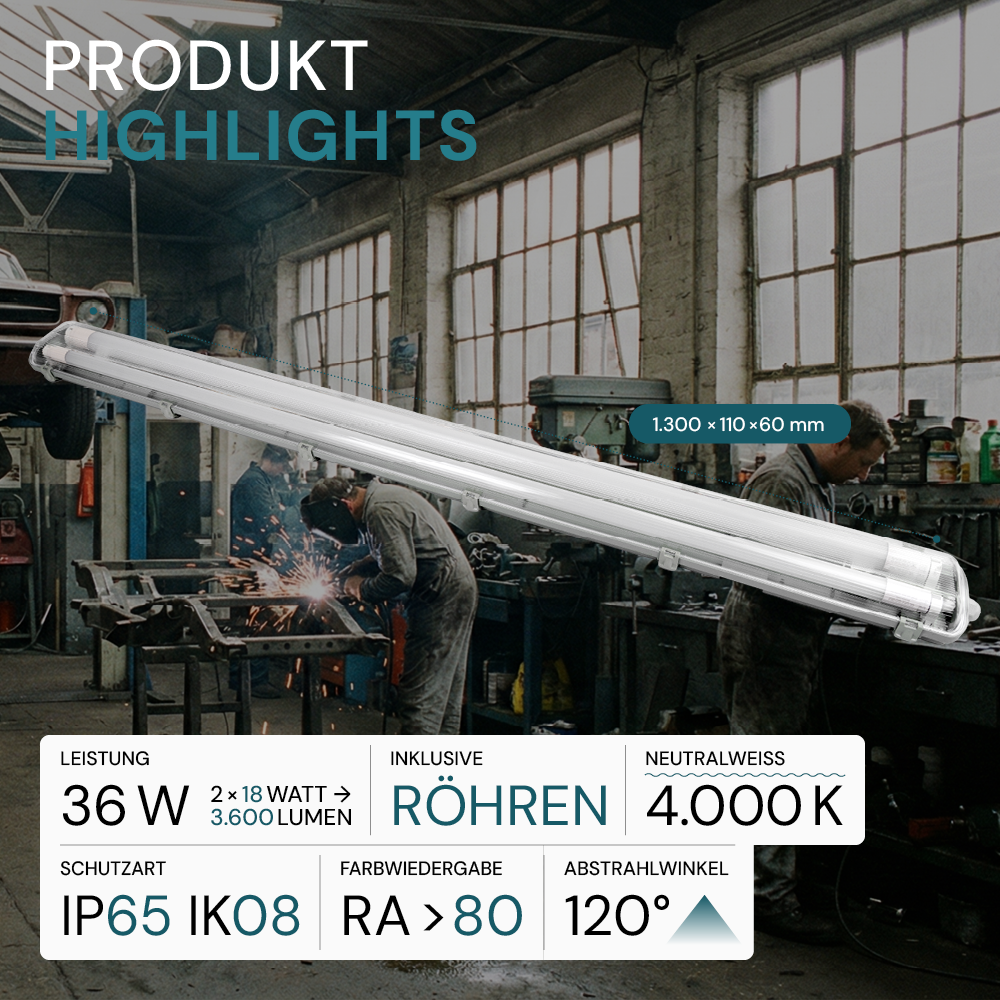 LED Wannenleuchte 120 cm, inkl 2x18W LED-Röhren T8, durchschleifbar, 4000K, IP65, IK08