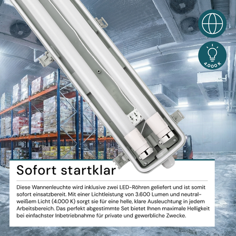 LED Wannenleuchte 120 cm, inkl 2x18W LED-Röhren T8, durchschleifbar, 4000K, IP65, IK08