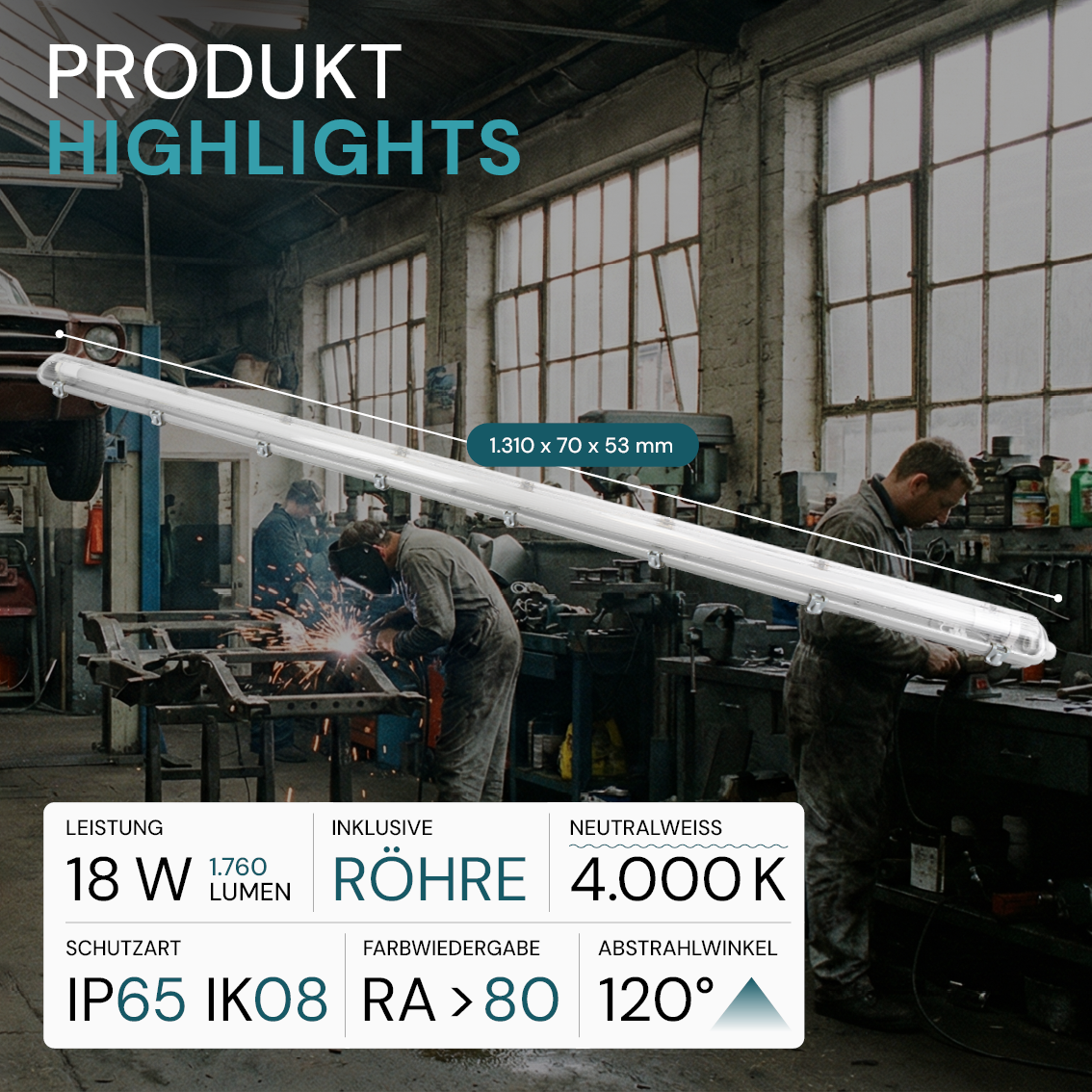LED Wannenleuchte 120 cm, inkl 1x18W LED-Röhren T8,  4000K, IP65, IK08.
