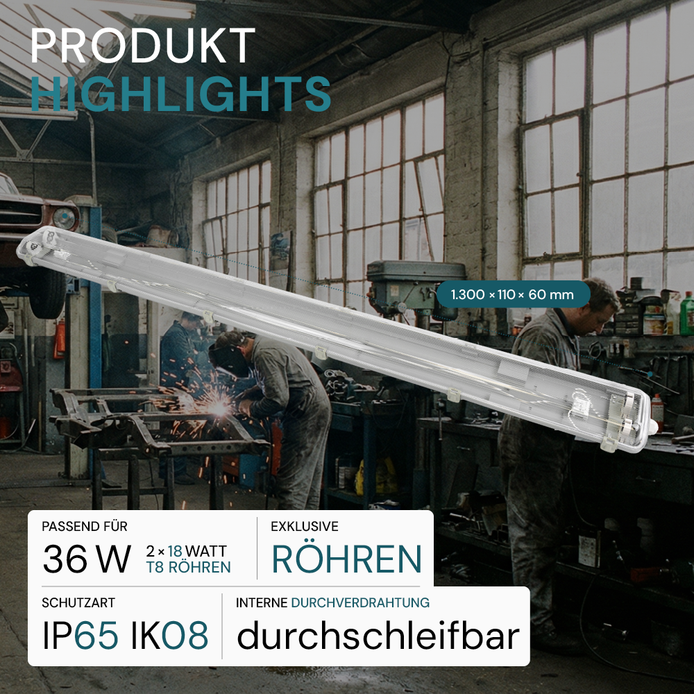 LED Wannenleuchte Gehäuse für 2x LED-Röhren T8, 120cm, IP65, IK08