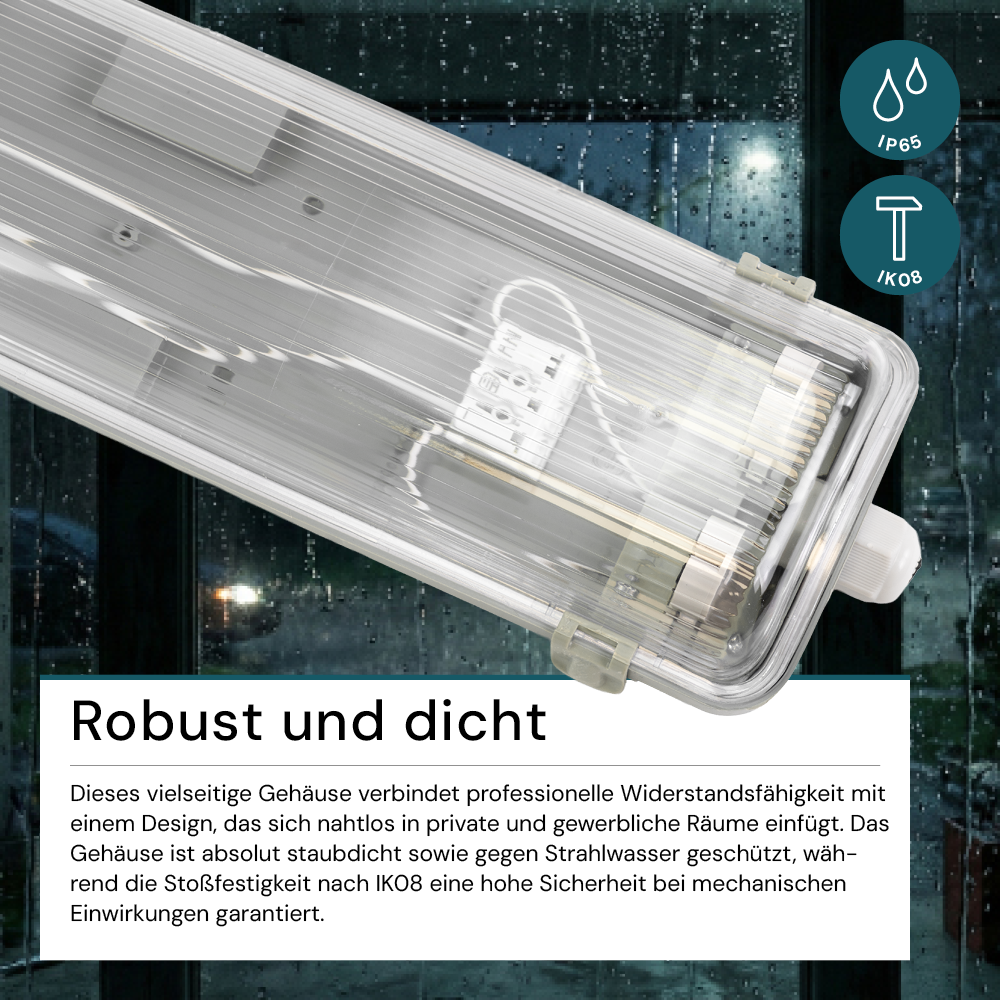 LED Wannenleuchte Gehäuse für 2x LED-Röhren T8, 120cm, IP65, IK08