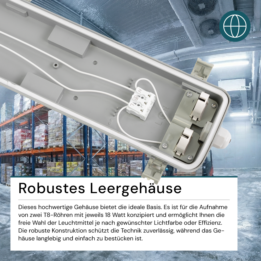 LED Wannenleuchte Gehäuse für 2x LED-Röhren T8, 120cm, IP65, IK08