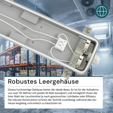 LED Wannenleuchte Gehäuse für 2x LED-Röhren T8, 120cm, IP65, IK08