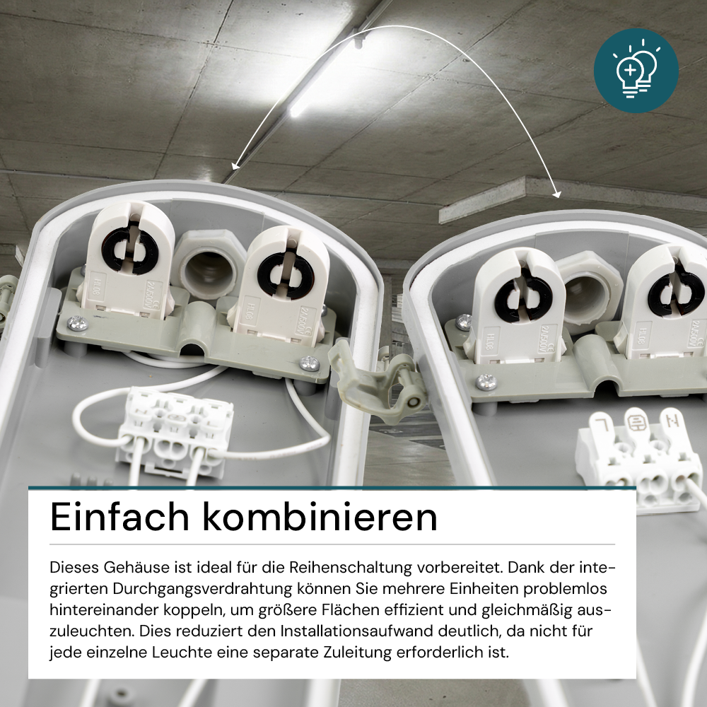 LED Wannenleuchte Gehäuse für 2x LED-Röhren T8, 120cm, IP65, IK08