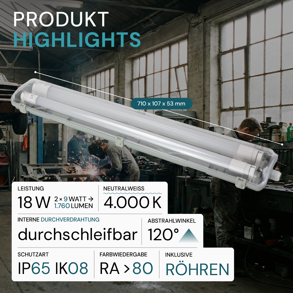 LED Wannenleuchte 60 cm, inkl 2 x 9W LED-Röhren T8,durchschleifbar, 4000K, IP65, IK08.