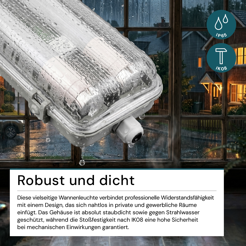 LED Wannenleuchte 60 cm, inkl 2 x 9W LED-Röhren T8,durchschleifbar, 4000K, IP65, IK08.
