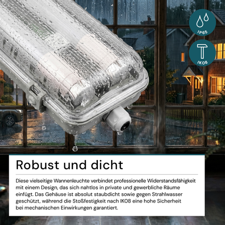 LED Wannenleuchte 60 cm, inkl 2 x 9W LED-Röhren T8,durchschleifbar, 4000K, IP65, IK08.