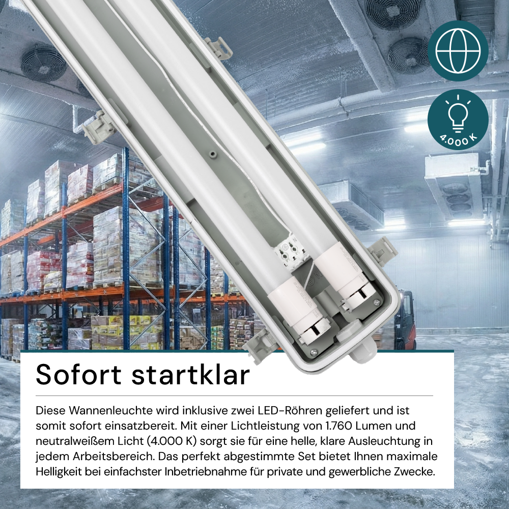 LED Wannenleuchte 60 cm, inkl 2 x 9W LED-Röhren T8,durchschleifbar, 4000K, IP65, IK08.